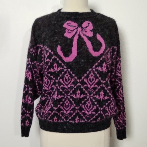 Vintage 80s Bow Print Sweater Crew Neck Marled Fuzzy Knit Pink Grey Medium - Picture 13 of 13